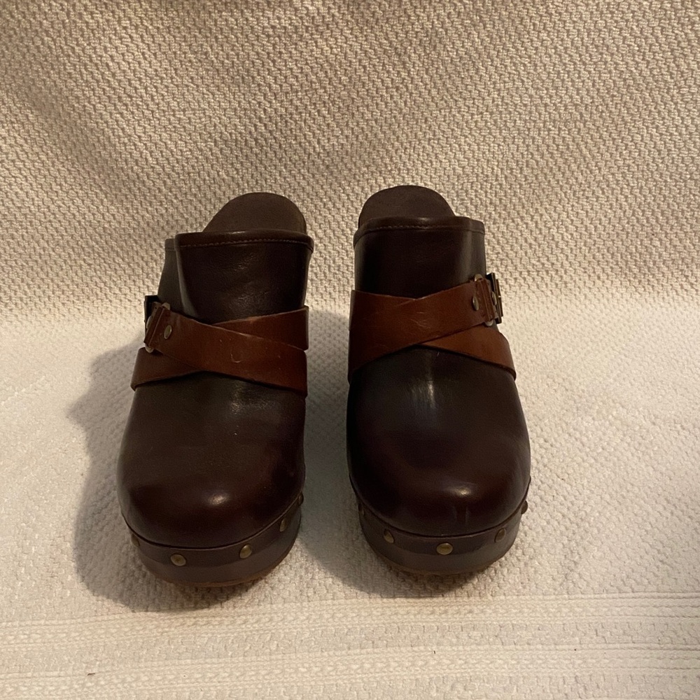 UGG Dark Brown Leather Mules with Tan Strap